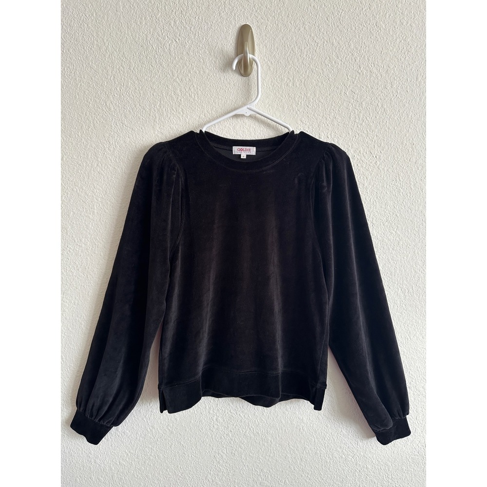 Goldie Lewinter Sweatshirt Womens S Black Velour Puff Sleeve Crewneck Holiday